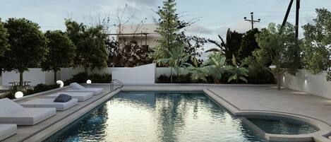 Seasonal outdoor pool, pool umbrellas, pool loungers