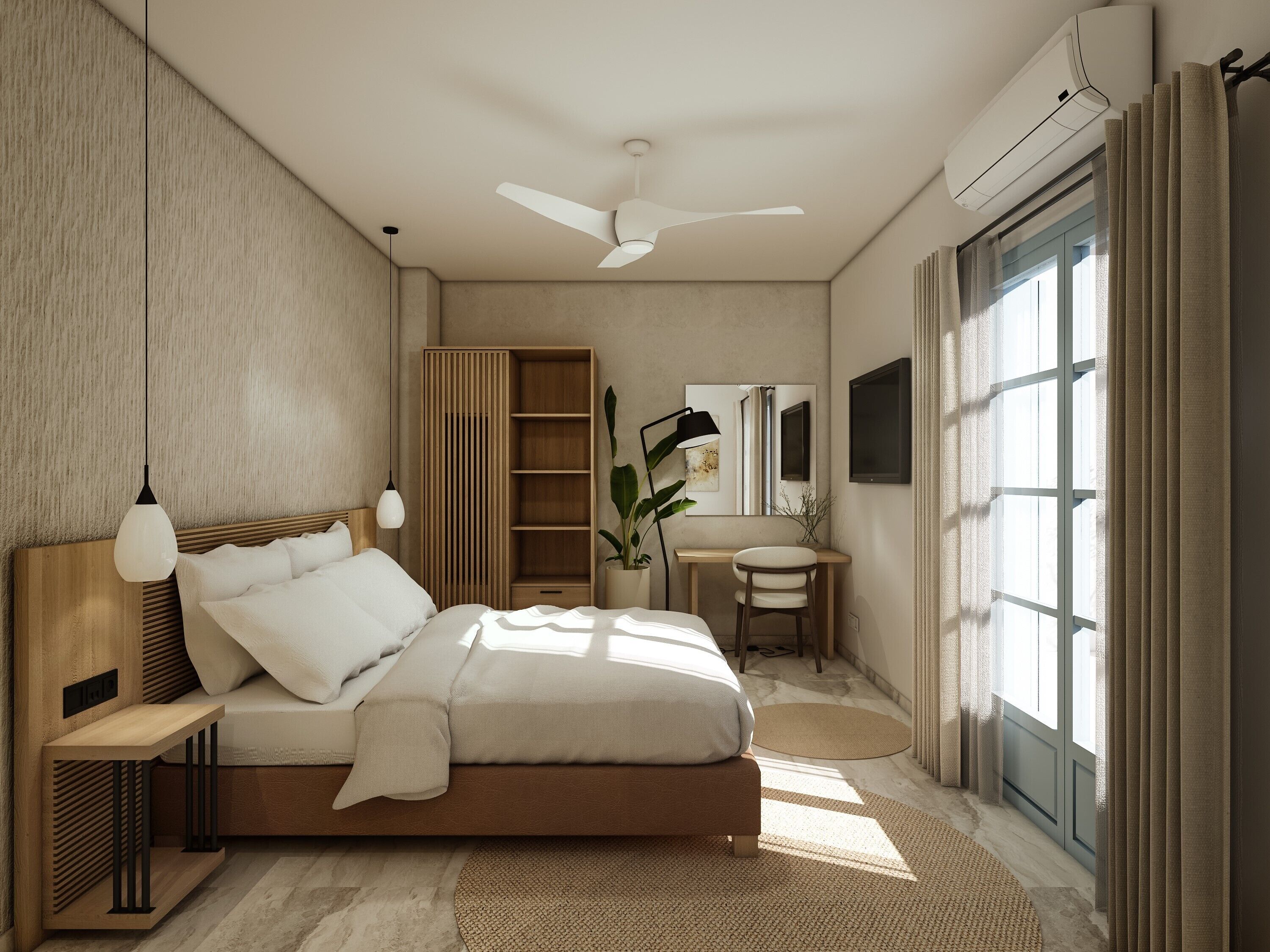 A modern bedroom with a bed, bedside tables, a desk, a chair, a mirror, and a large window with curtains.