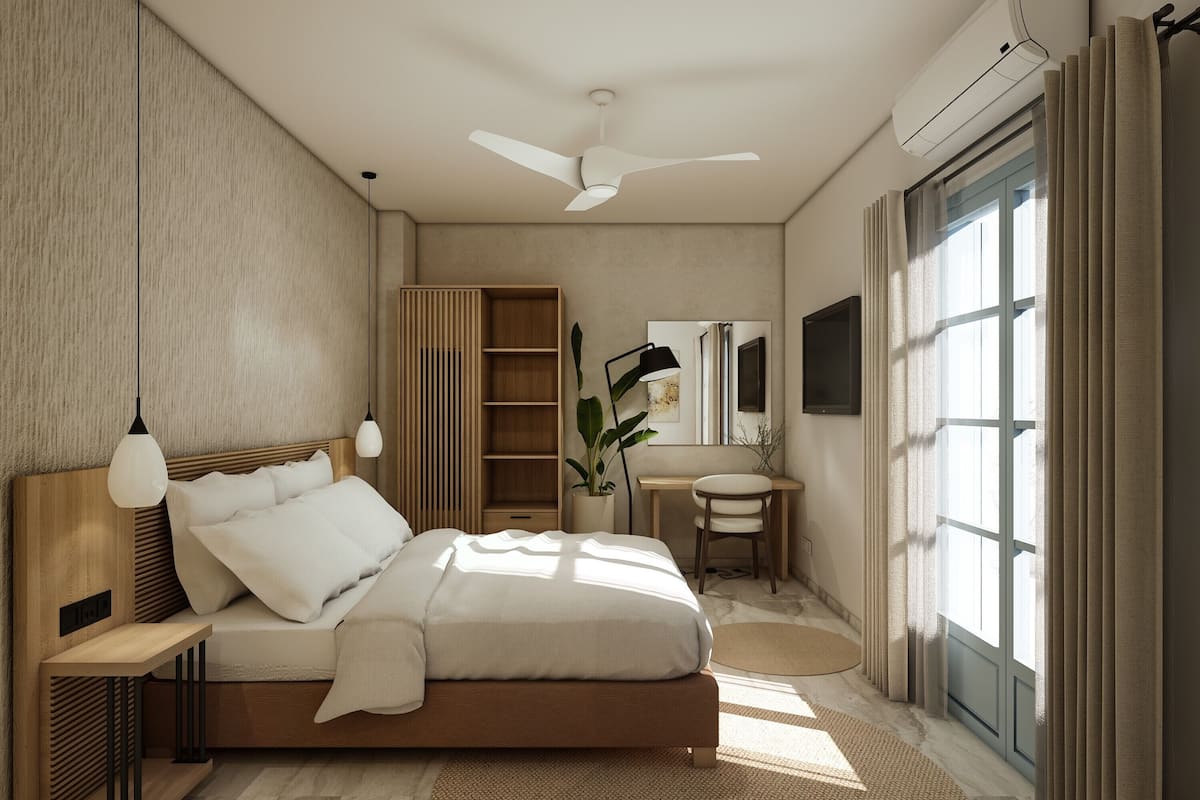 A modern bedroom with a bed, bedside tables, a desk, a chair, a mirror, and a large window with curtains.