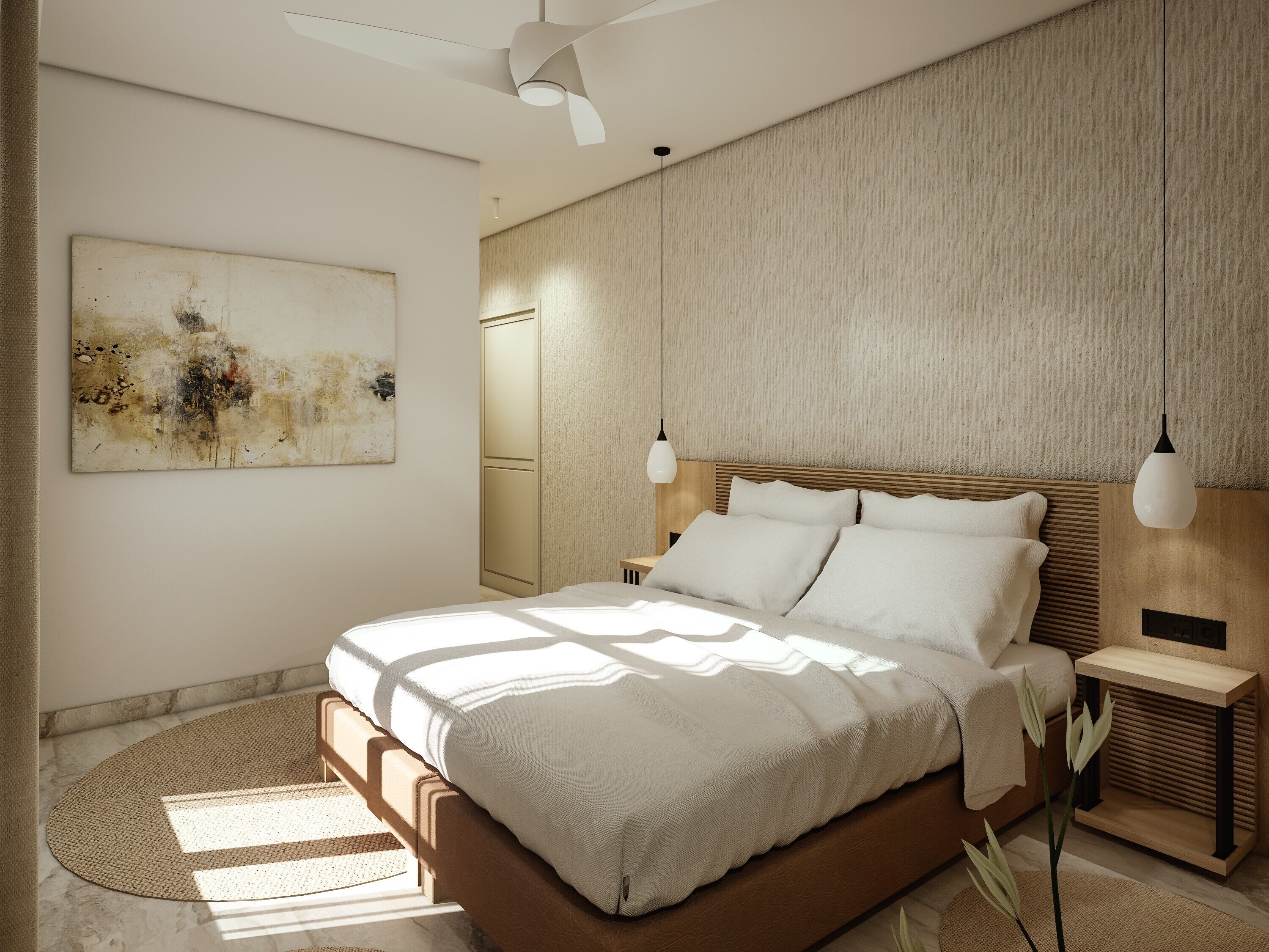 A modern bedroom with a large bed, two bedside tables, a ceiling fan, and a textured wall.
