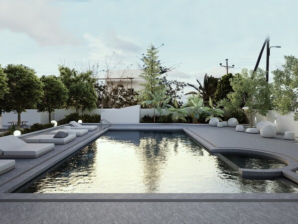Seasonal outdoor pool, pool umbrellas, sun loungers