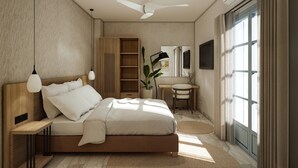 Un dormitorio moderno con cama, mesitas de noche, escritorio, silla, espejo y un amplio ventanal con cortinas.