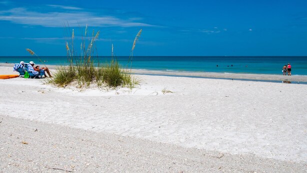 A beach with white sand, clear blue water, and sparse vegetation. - Crescent Beach Club 3B Beachfront Views of the Gulf (Clearwater Beach)