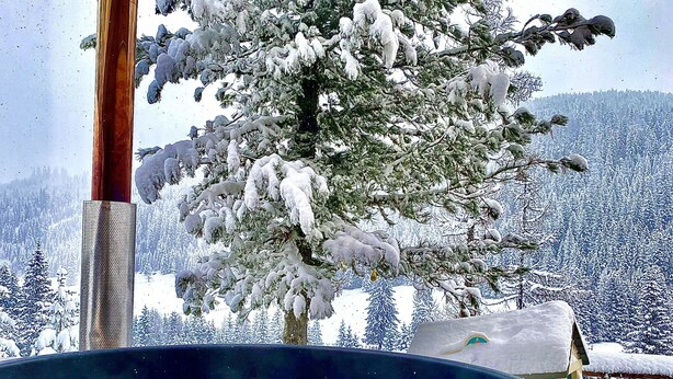 Een houten jacuzzi met een metalen standaard, omringd door besneeuwde bomen en een besneeerd landschap.