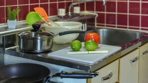 A kitchen with a stove, a sink, and a cutting board with limes and a red pepper. - PEOPLE NoIII 601 (Sapporo)