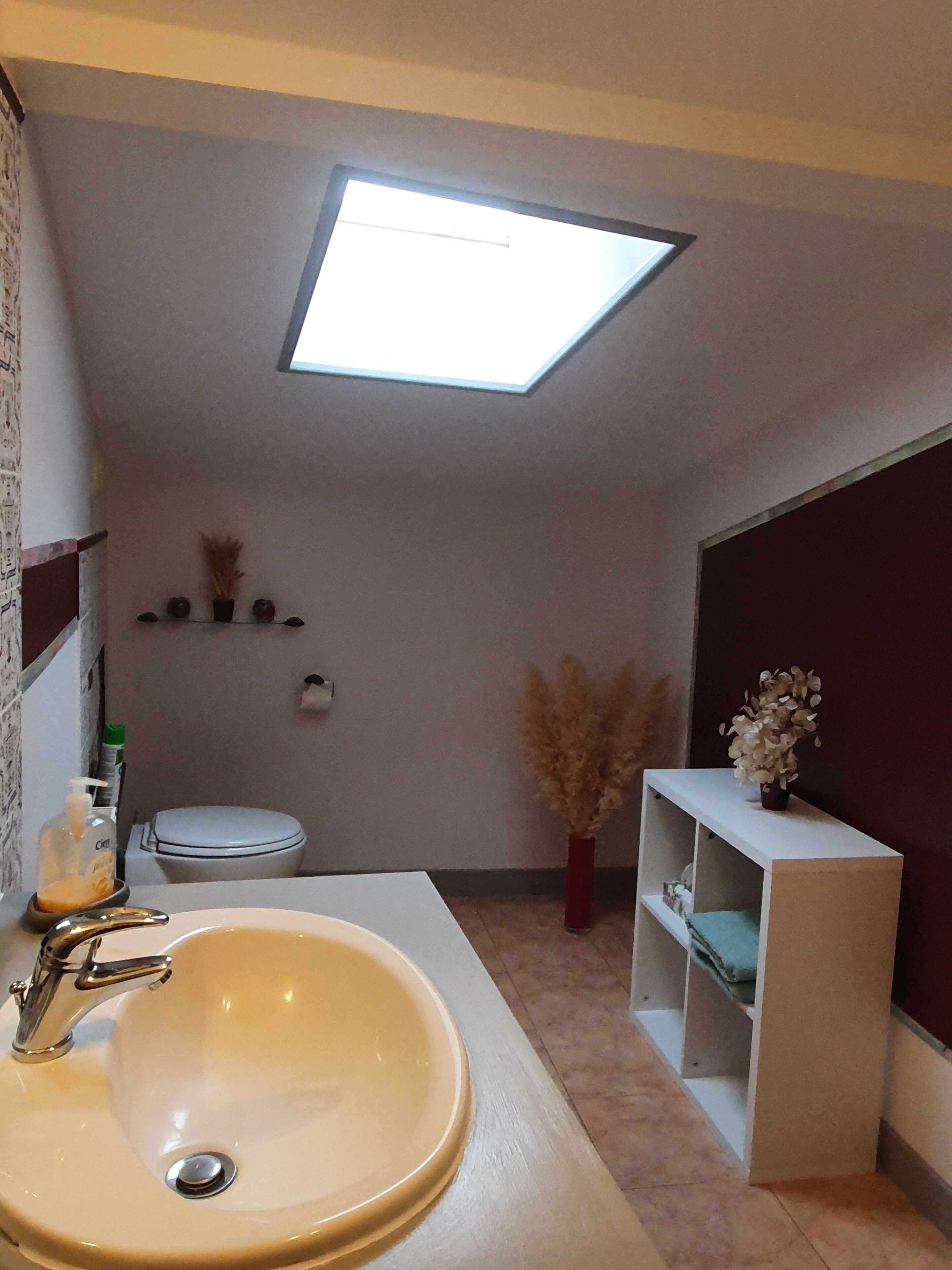 Ein Badezimmer mit einem großen Waschbecken, Toilette und einer kleinen Ablage mit Dekoration.