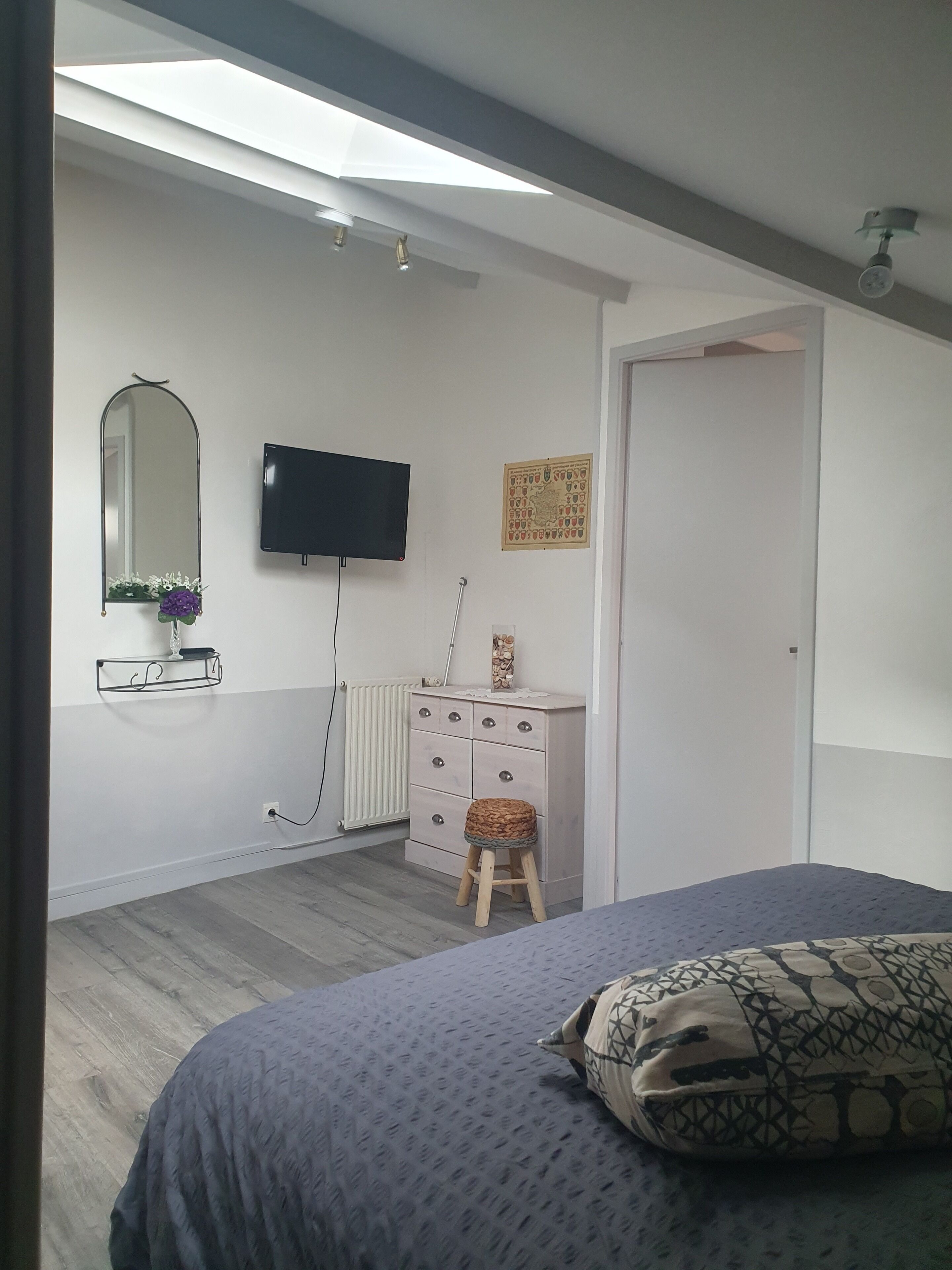 A bedroom with a bed, a dresser, a mirror, a television, and a radiator.