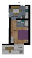 A top-down floor plan of a hotel room with a kitchenette, a bathroom, a living area, and a terrace.