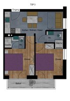 A top-down floor plan of a hotel room with a kitchenette, two bathrooms, two bedrooms, and a balcony.