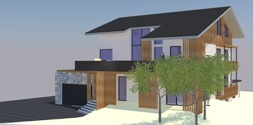 A modern two-story house with a stone facade, wooden accents, and a large tree in front.