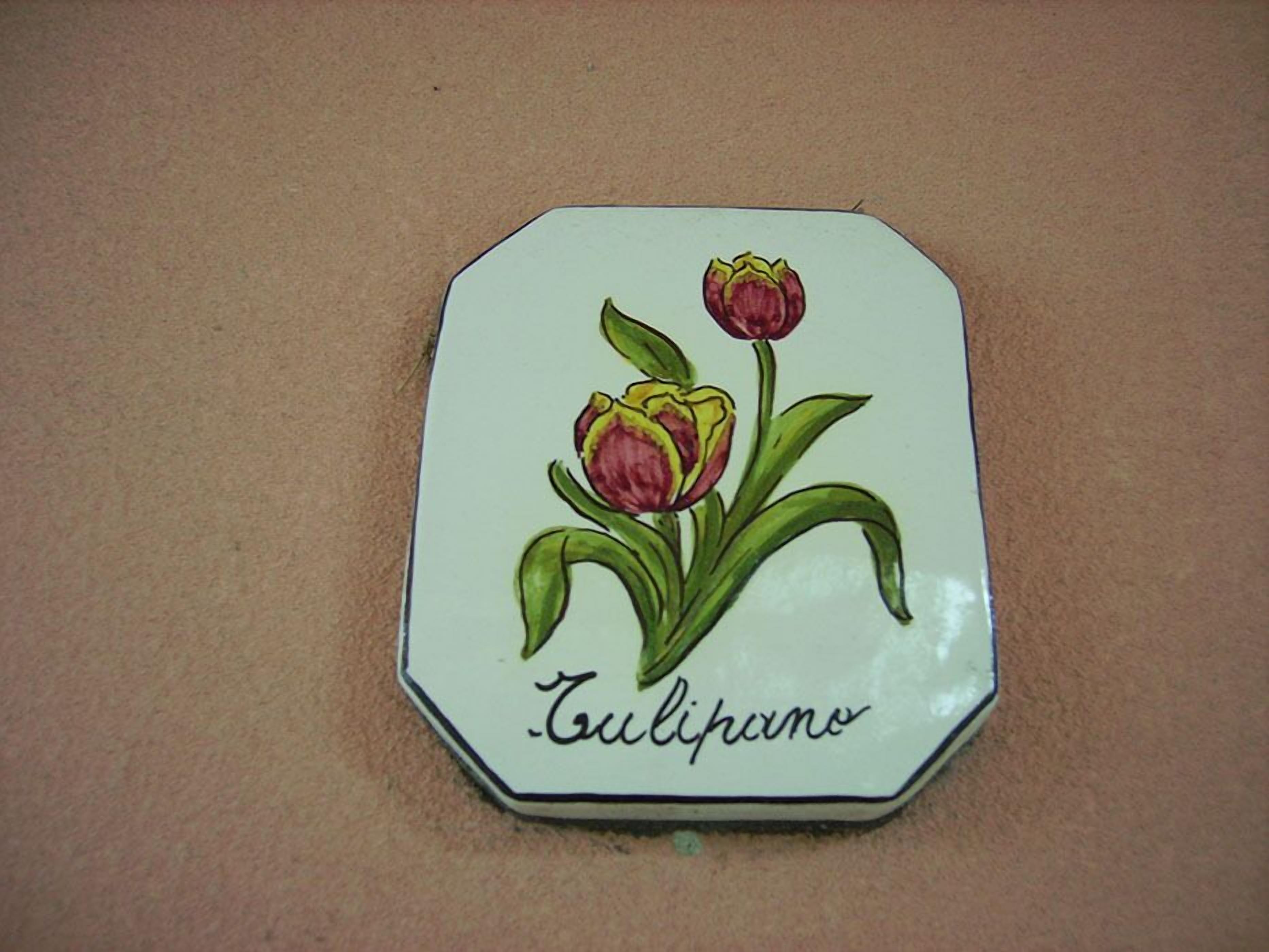 A ceramic tile with a tulip illustration and the word "Tulipano" written on it.