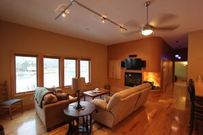 Smart TV, fireplace, books