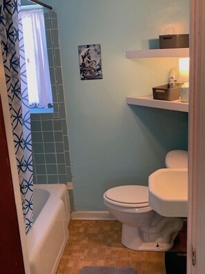 Combined shower/tub, towels, soap, shampoo - Beach Side Studio #4 - Pet Friendly, WiFi, Off-Street Parking, Large Smart TV (Norfolk)
