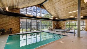 Piscina interna com vista desobstruída para o exterior, paredes de madeira e teto alto.