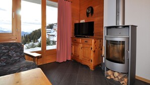 Una habitación acogedora con chimenea, televisor y vistas a un paisaje nevado.