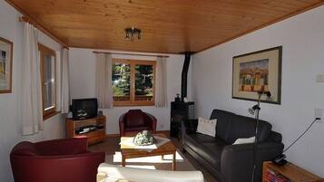 Una sala de estar acogedora con techo de madera, chimenea, televisor y una zona de estar cómoda.