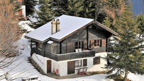 A cabin with a sloped roof, a balcony, and a chimney. - Jadwiga OG (Bettmeralp)