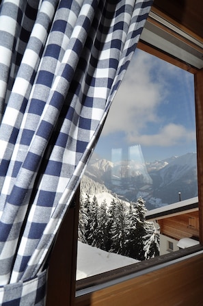 A window with a checkered curtain, a view of snow-covered trees, and mountains in the background. - Laackerhof (Bettmeralp)