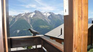 A bird on a wooden balcony overlooking a mountainous landscape.