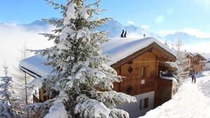 A wooden chalet with a snow-covered roof, surrounded by snow-laden trees and mountains in the background. - Sternschnuppe OG (Bettmeralp)