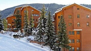 Una hilera de edificios de madera con numerosas ventanas, rodeados de árboles cubiertos de nieve y un paisaje montañoso.
