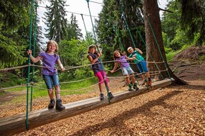 Un grupo de niños cruzando un puente colgante en un área boscosa.