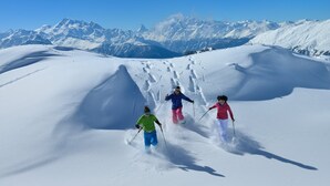 A snowy mountain landscape with three skiers. - Stachelbeere UG (Fiesch)
