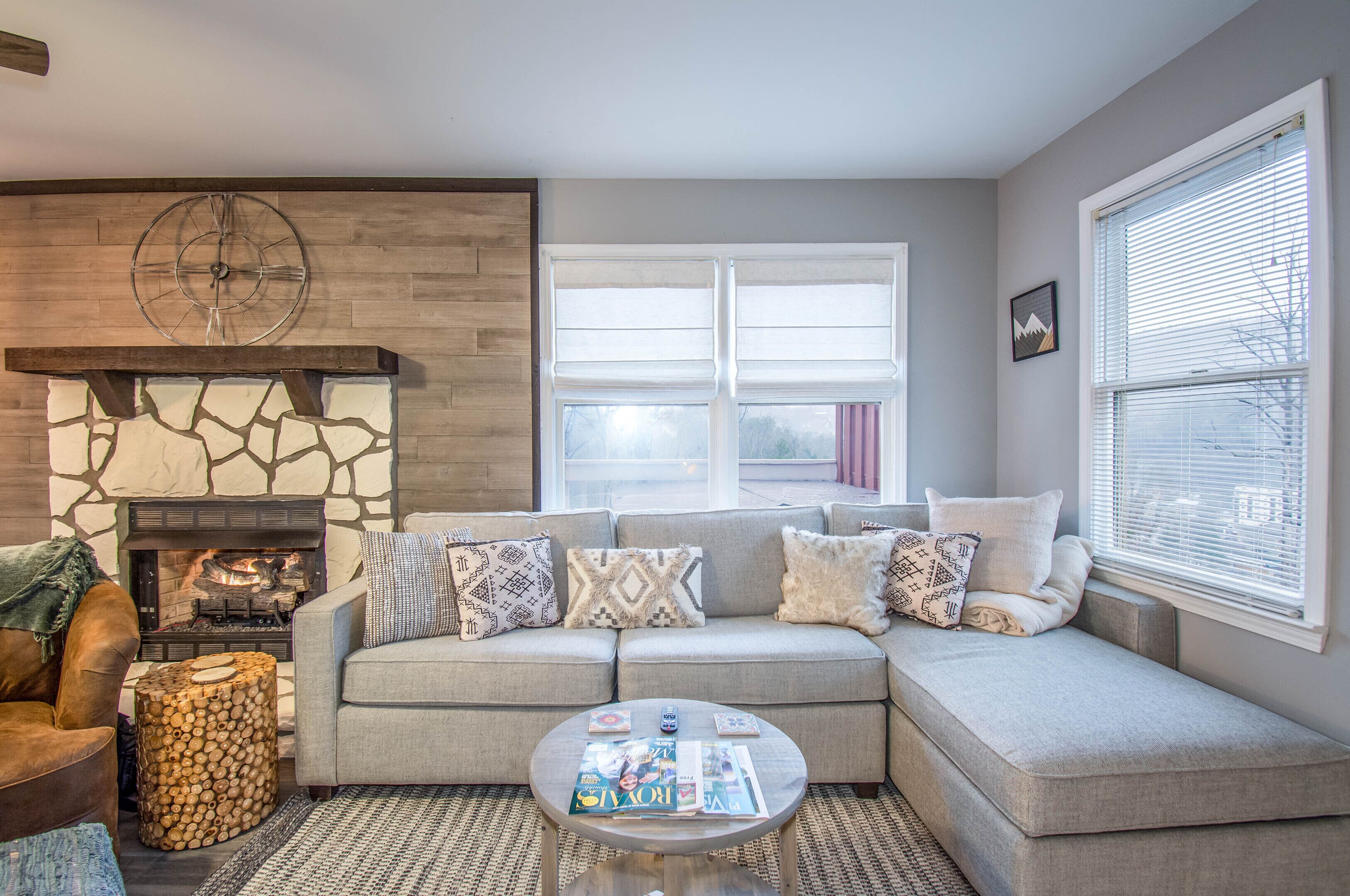 Smart TV, fireplace, video games, DVD player