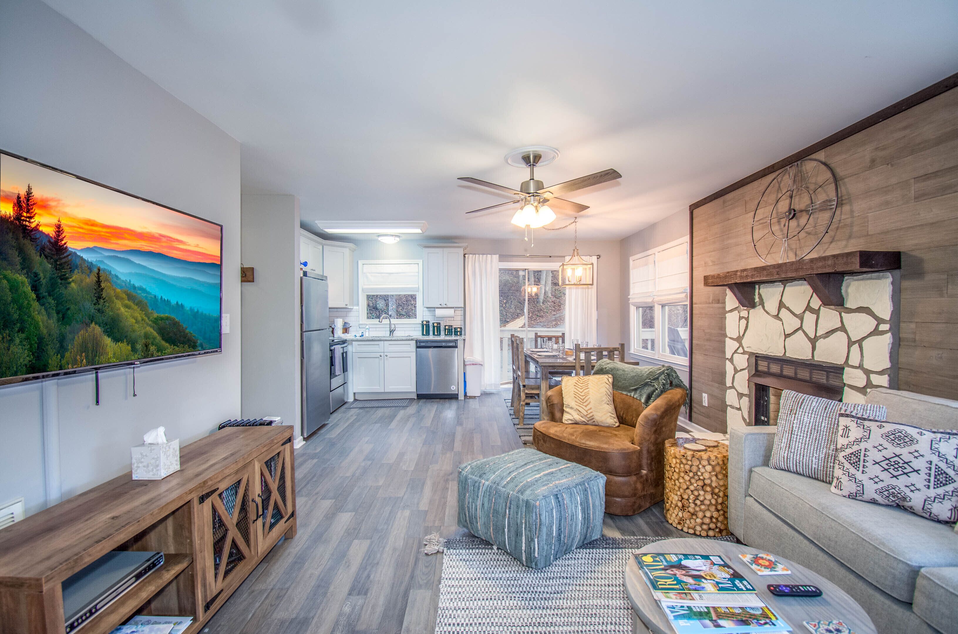 Smart TV, fireplace, video games, DVD player