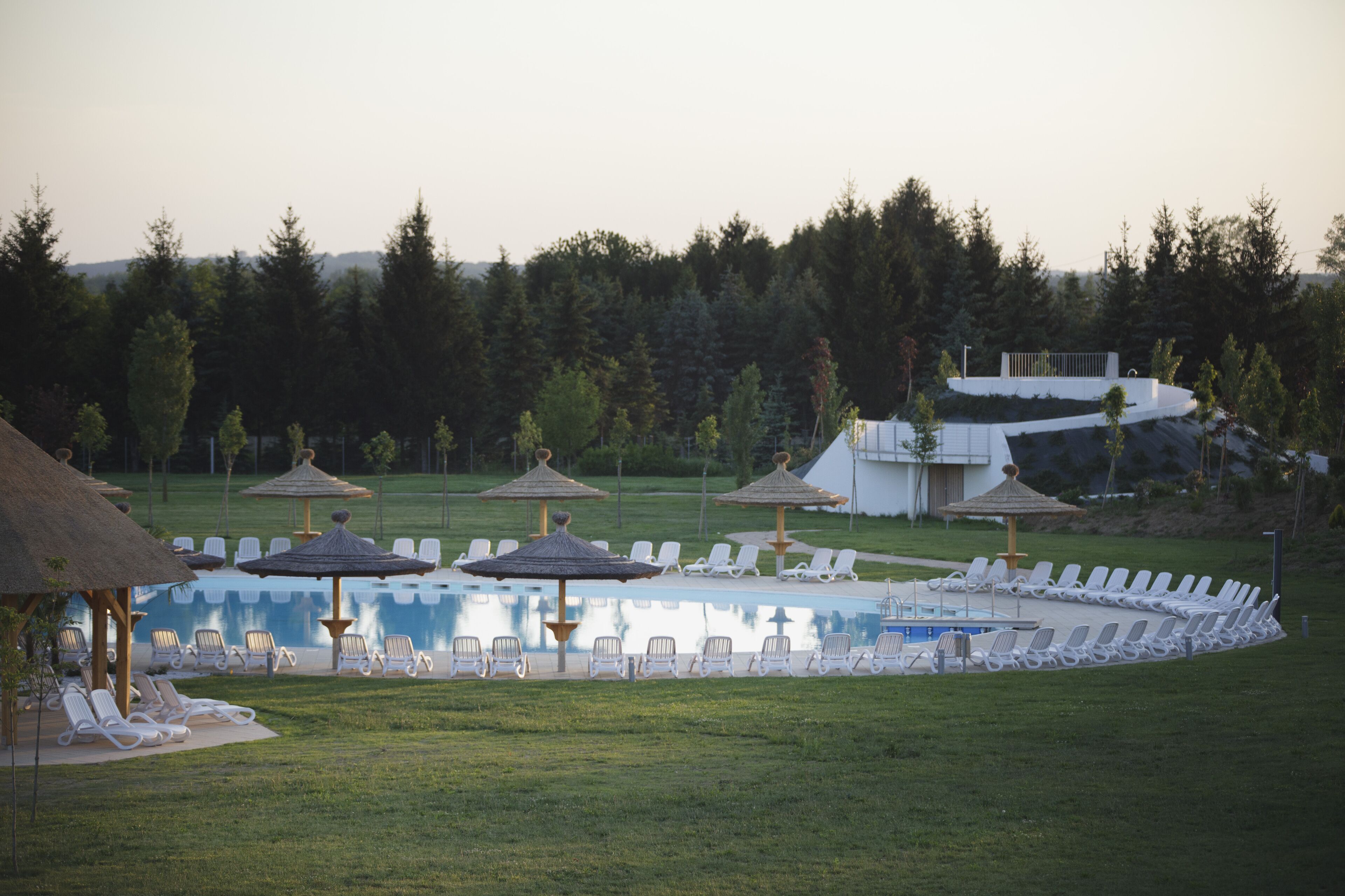 Área de piscina com espreguiçadeiras e guarda-sóis, cercada por gramado e árvores.