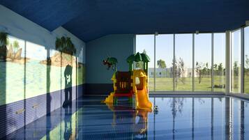 2 indoor pools, seasonal outdoor pool, sun loungers, lifeguards on site