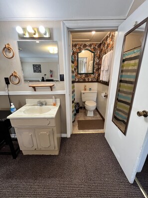 Un baño con lavabo, espejo e inodoro.