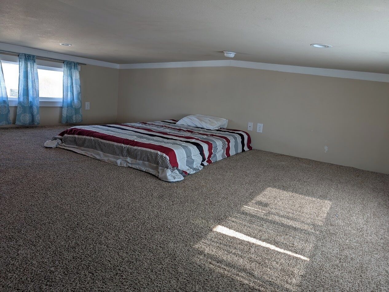 A bedroom with a large bed, a window with curtains, and a carpeted floor.