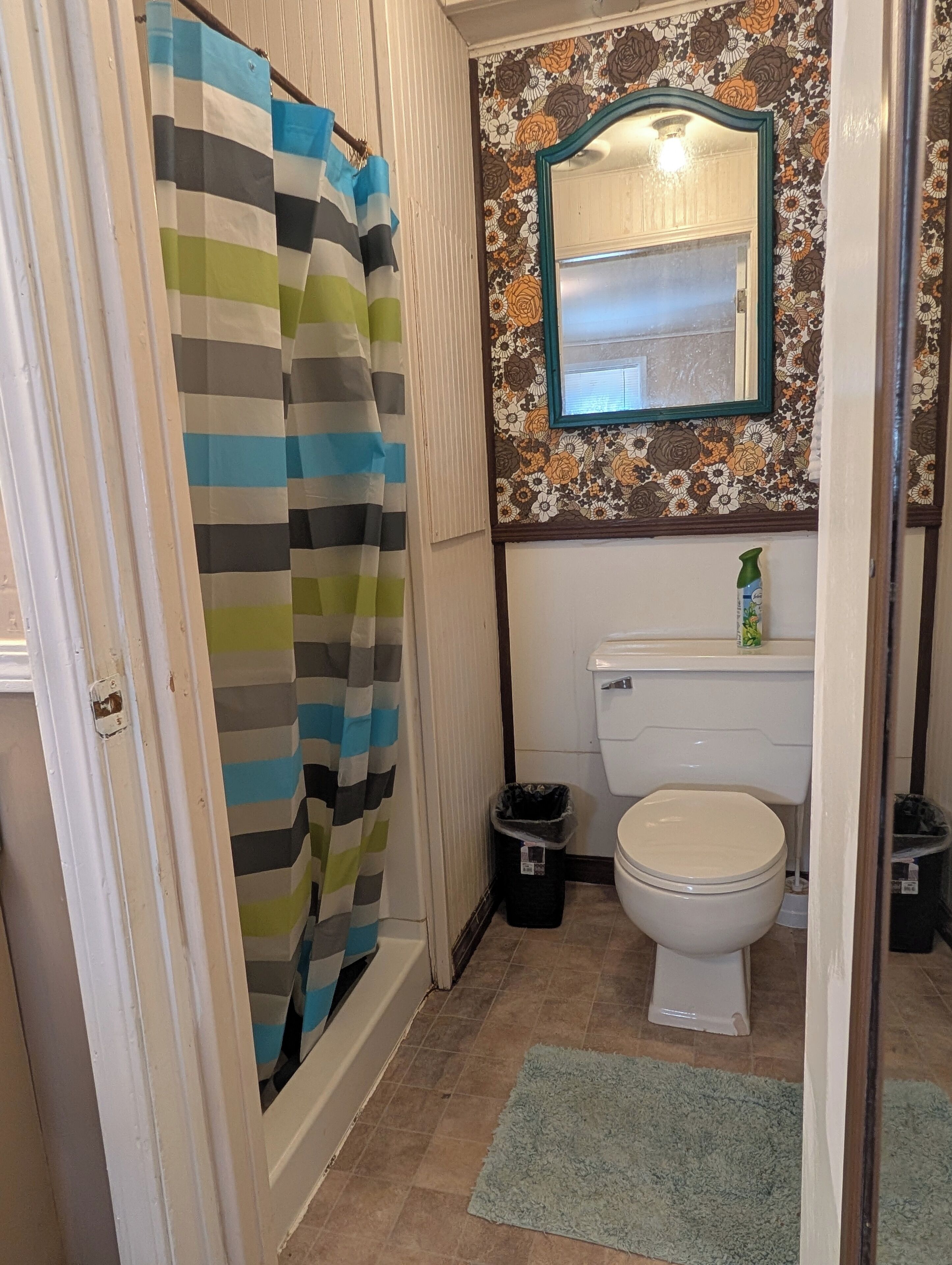 A bathroom with a striped shower curtain, a toilet, a sink with a green bottle, and a floral-patterned wall.