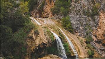 A waterfall cascading down a rocky cliff into a body of water, surrounded by dense greenery.