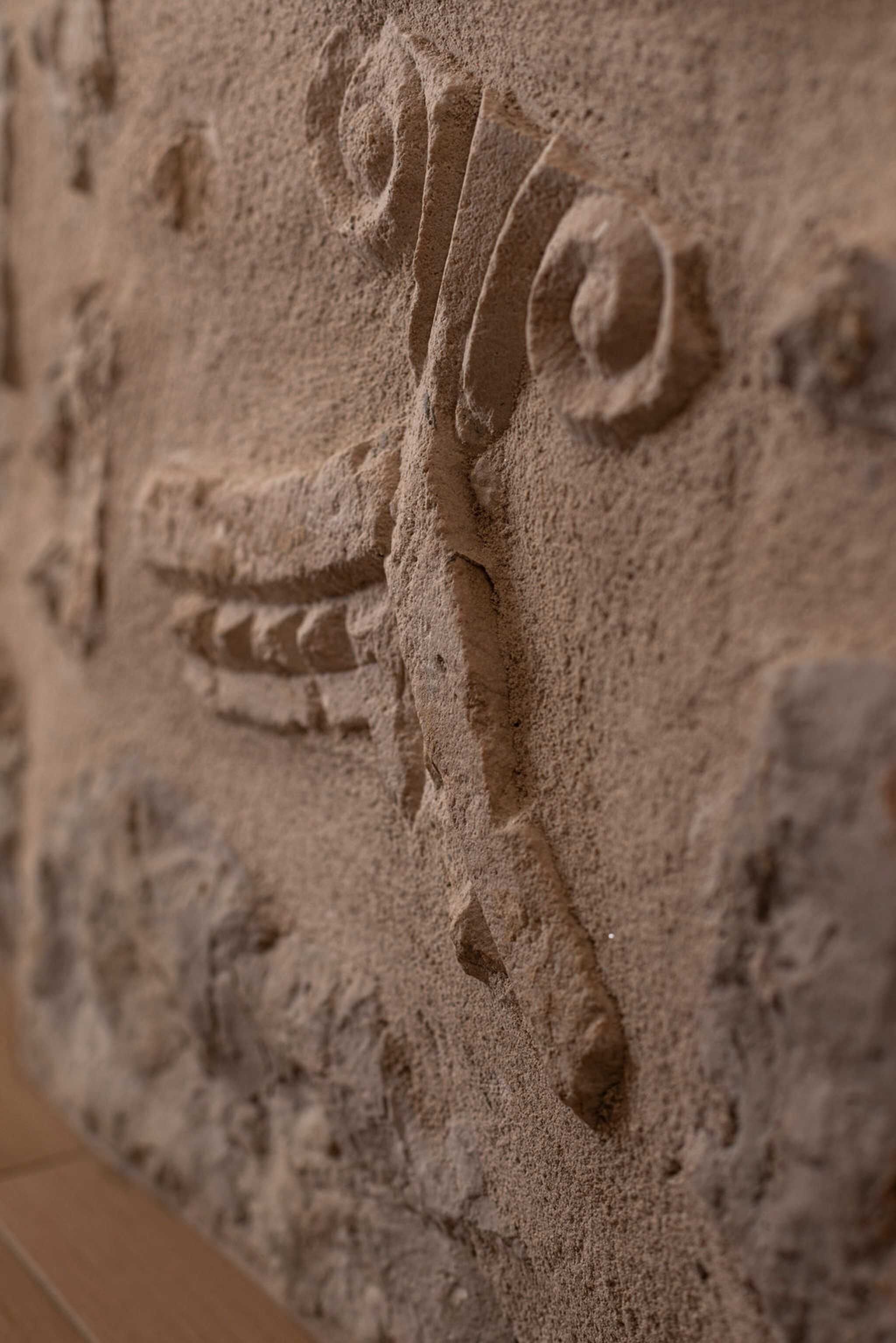 A close-up of a textured wall with a carved figure.