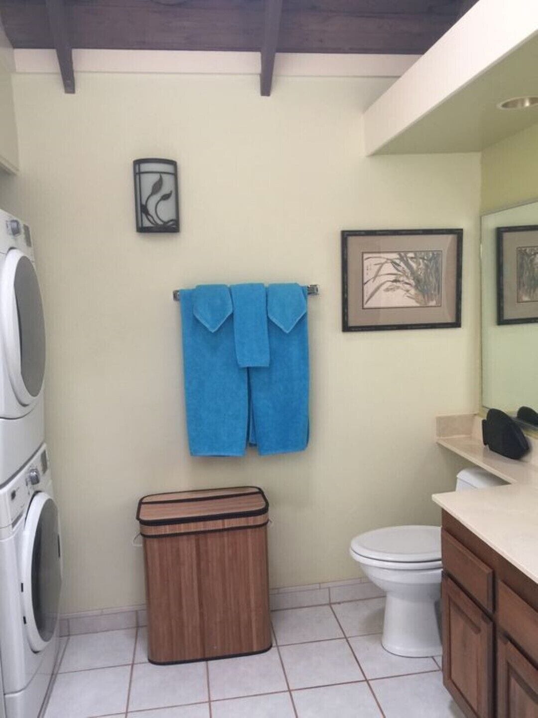 Combined shower/tub, hair dryer, towels, soap