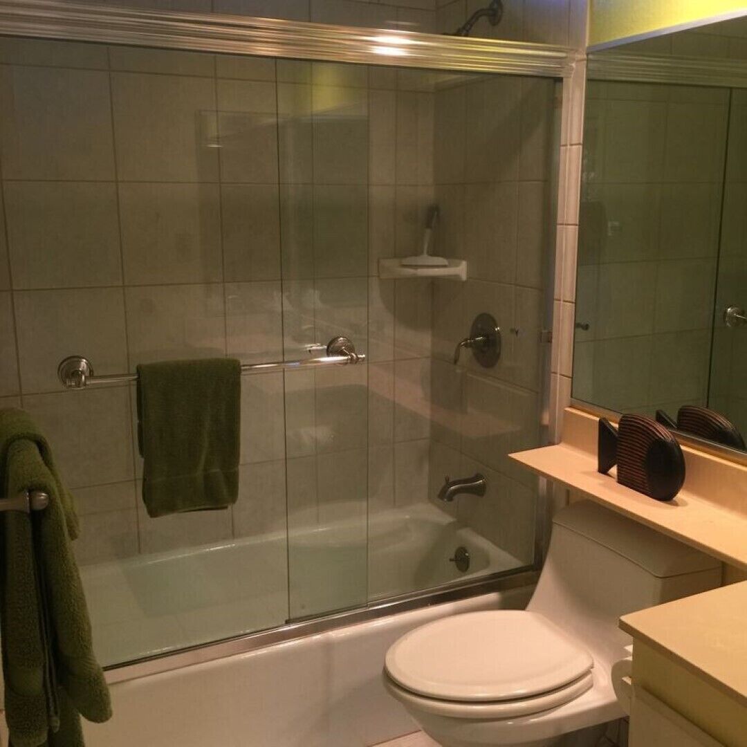 Combined shower/tub, hair dryer, towels, soap