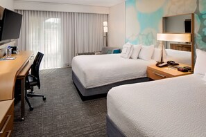 A hotel room with two beds, a desk with a chair, a TV, and a large window with curtains. - Beautiful hotel in Ft Lauderdale (Fort Lauderdale)