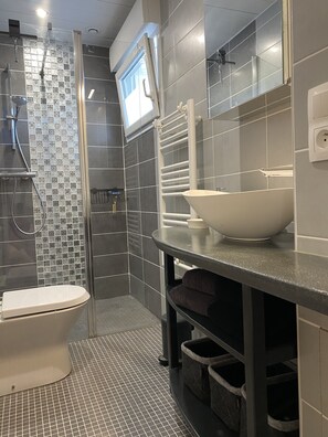 Douche, sèche-cheveux, shampoing, papier toilette