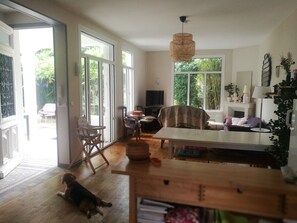 Tv, eldstad, dvd-spelare och böcker