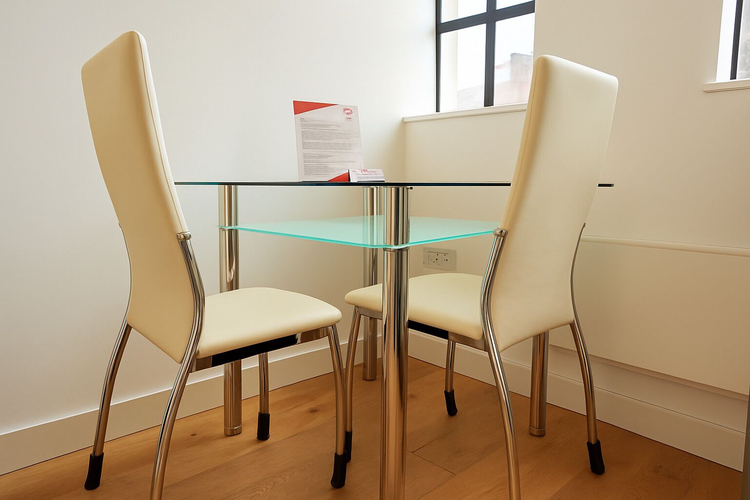 A room with two white chairs, a glass table, and a window.