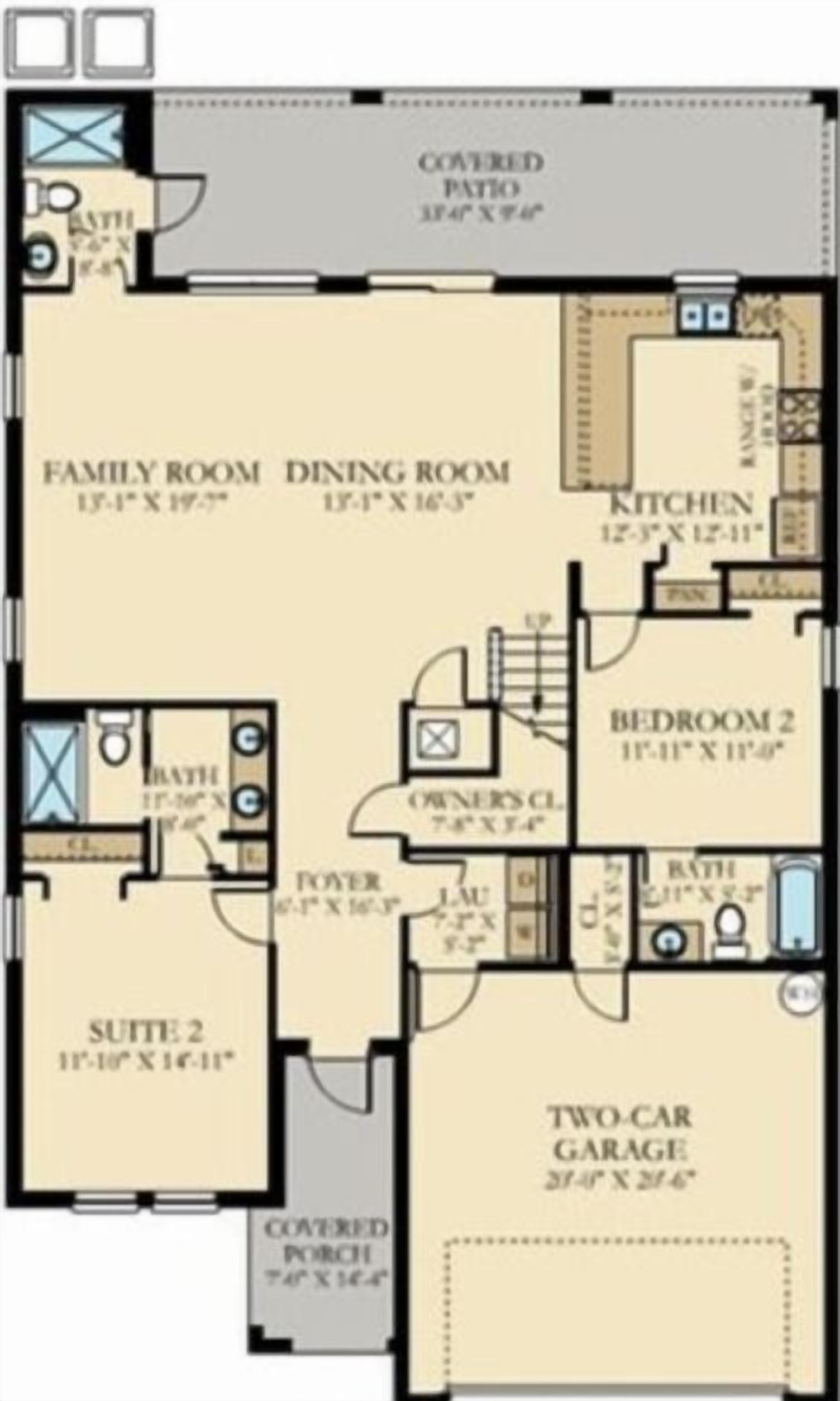 A floor plan with a family room, dining room, kitchen, two bedrooms, a two-car garage, and a covered porch.
