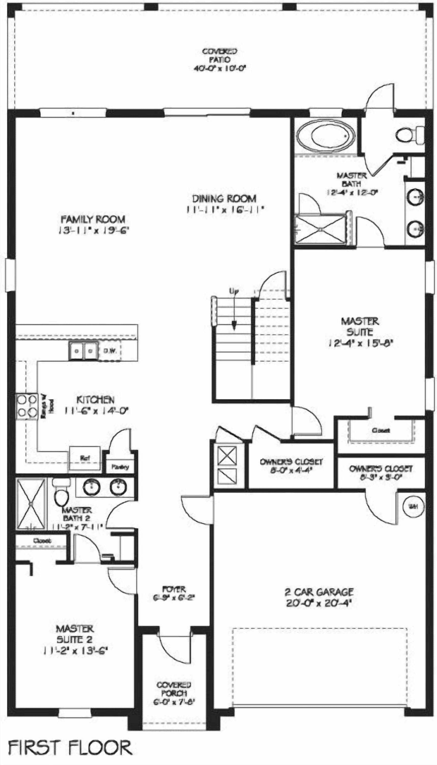 A first-floor floor plan of a house with a covered patio, family room, dining room, kitchen, two master suites, owner's closet, garage, and a covered porch.