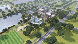 An aerial view of a resort with a swimming pool, tennis courts, and a lake. - Summer Specia 4 BRM W Pool (Kissimmee)