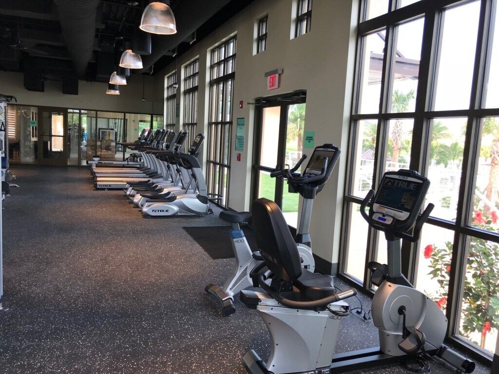 A gym with treadmills and elliptical machines arranged in rows, large windows, and an exit sign.