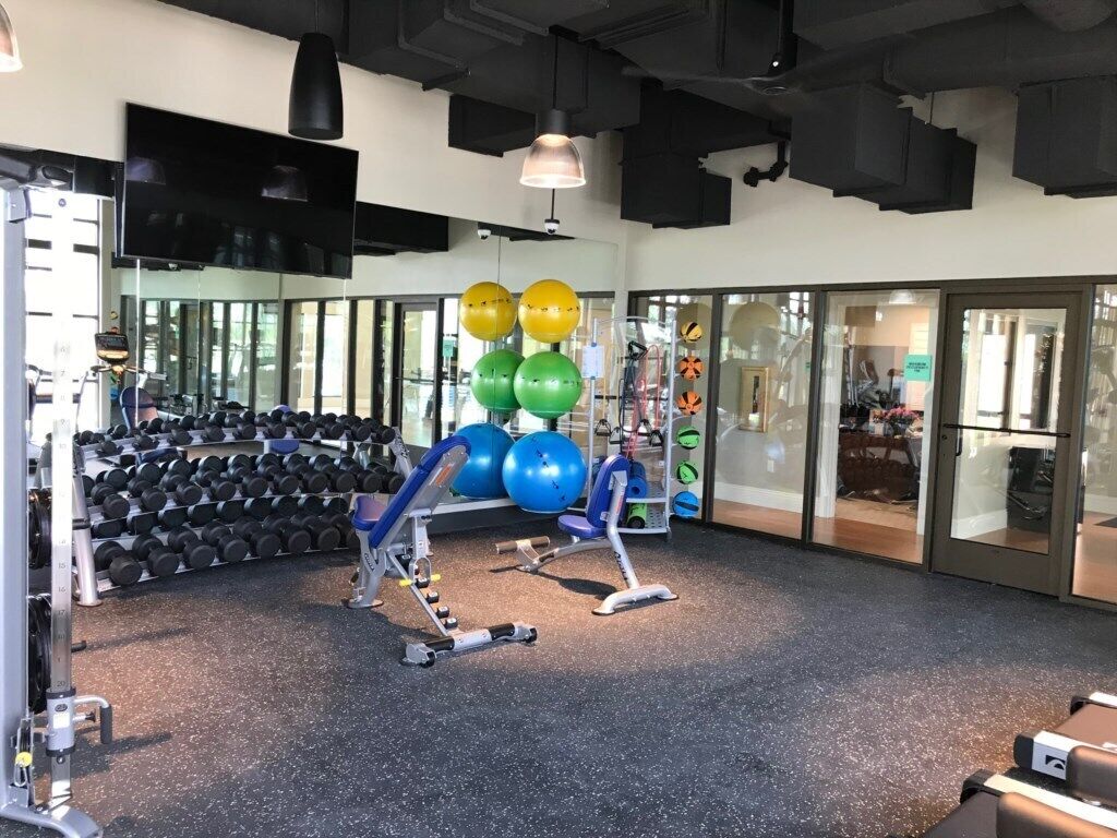A gym with exercise equipment, dumbbells, and large exercise balls.