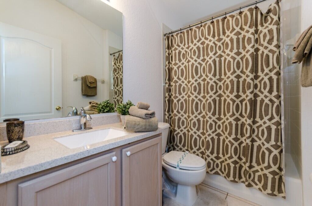 A bathroom with a white sink, a toilet, and a patterned shower curtain.