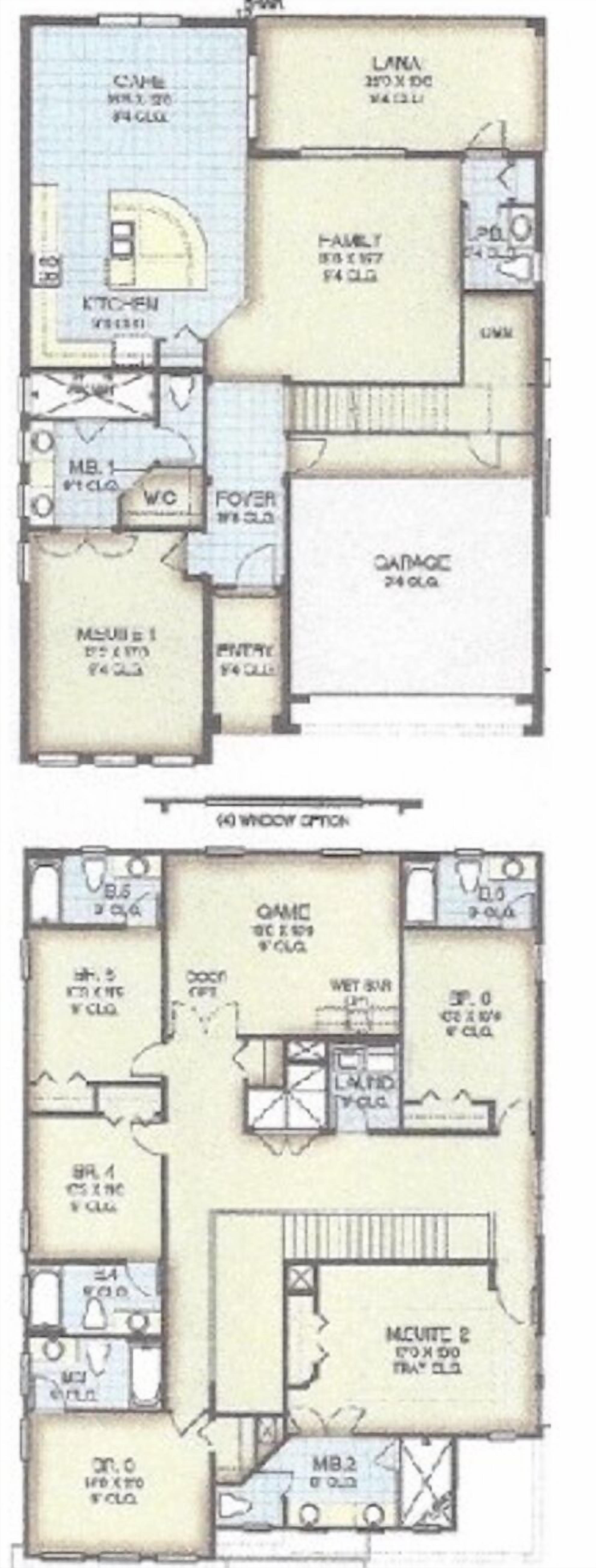 A floor plan of a hotel with two main sections, each featuring multiple rooms, a kitchen, and a garage.