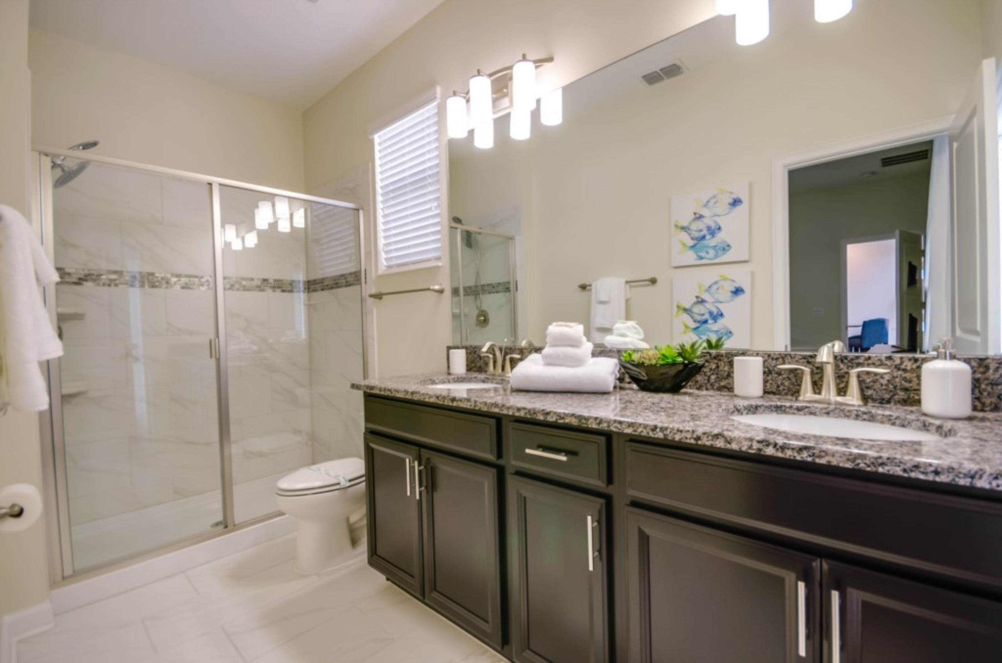A modern bathroom with a glass-enclosed shower, dark cabinets, a large mirror, and a granite countertop.